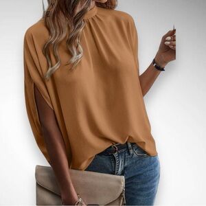 EMERY ROSE Women's Brown Tie‎ Back Batwing Sleeve High-Low Hem Top Large | EUC
